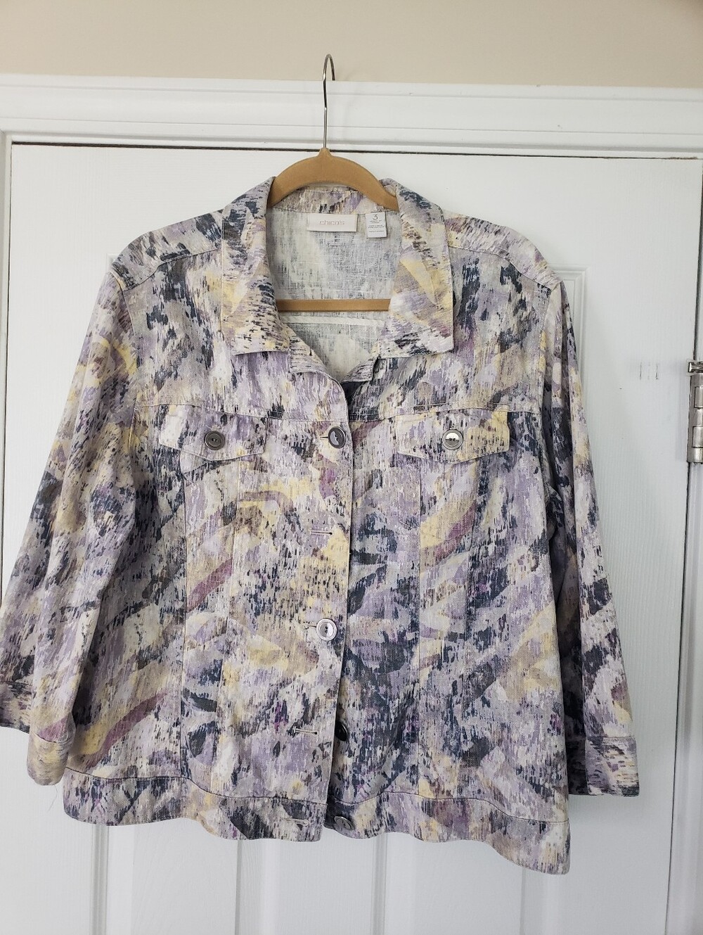 Chico's Pastel Lavender, Pale Yellow & Navy Abstract Shirt Jacket